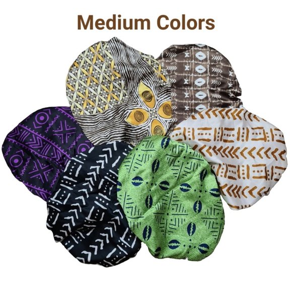 Unisex Double Layer Satin Hair Bonnet in Green Cowrie Print w/ Adjustable Band - Picture 7 of 8